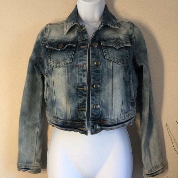 Jou Jou Denim Cropped Jean Jacket XS Retro Distressed Wash - Picture 1 of 14